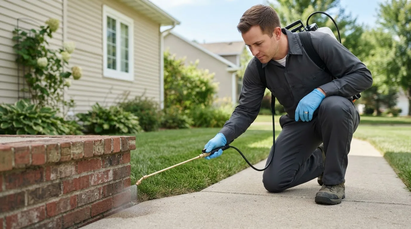 Pest control technician treating a home near Ledbetter, TX